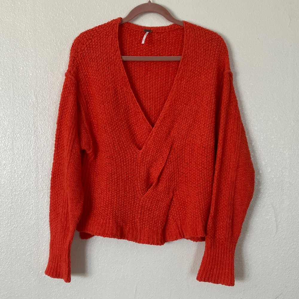 Free People Chunky V-Neck Knit Sweater in Bright Red